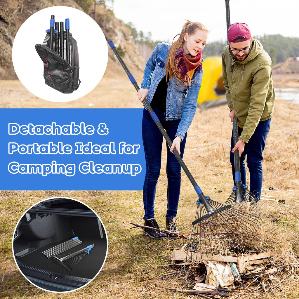 Adjustable Garden Rake for Leaves-Heavy Duty Metal Rake with 8-17" Expandable Head,Long Handle Lawn & Yard for Grass, Shrubs,Flower Beds,Camping,Outdoor Cleaning, Women & Kids