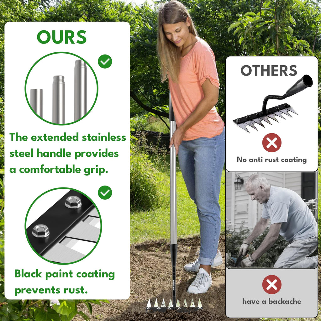 Iron Weeding Rake with Long Handle, Manual Weeder Tool for Garden | Upgraded Rake 8 Teeth Weed Puller Tool, Heavy Duty Weeder Remover Tool for Weeding, Cultivating & Soil Aeration