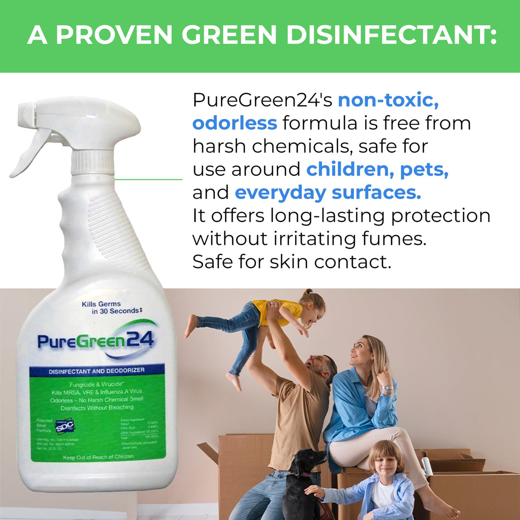 PureGreen24 Safe & Effective Disinfectant. Kills Deadly Germs including RSV COVID-19 Norovirus MRSA Staph 2026 flu Contains no toxic chemicals odorless child & pet safe 4 gallon bottles ready to use