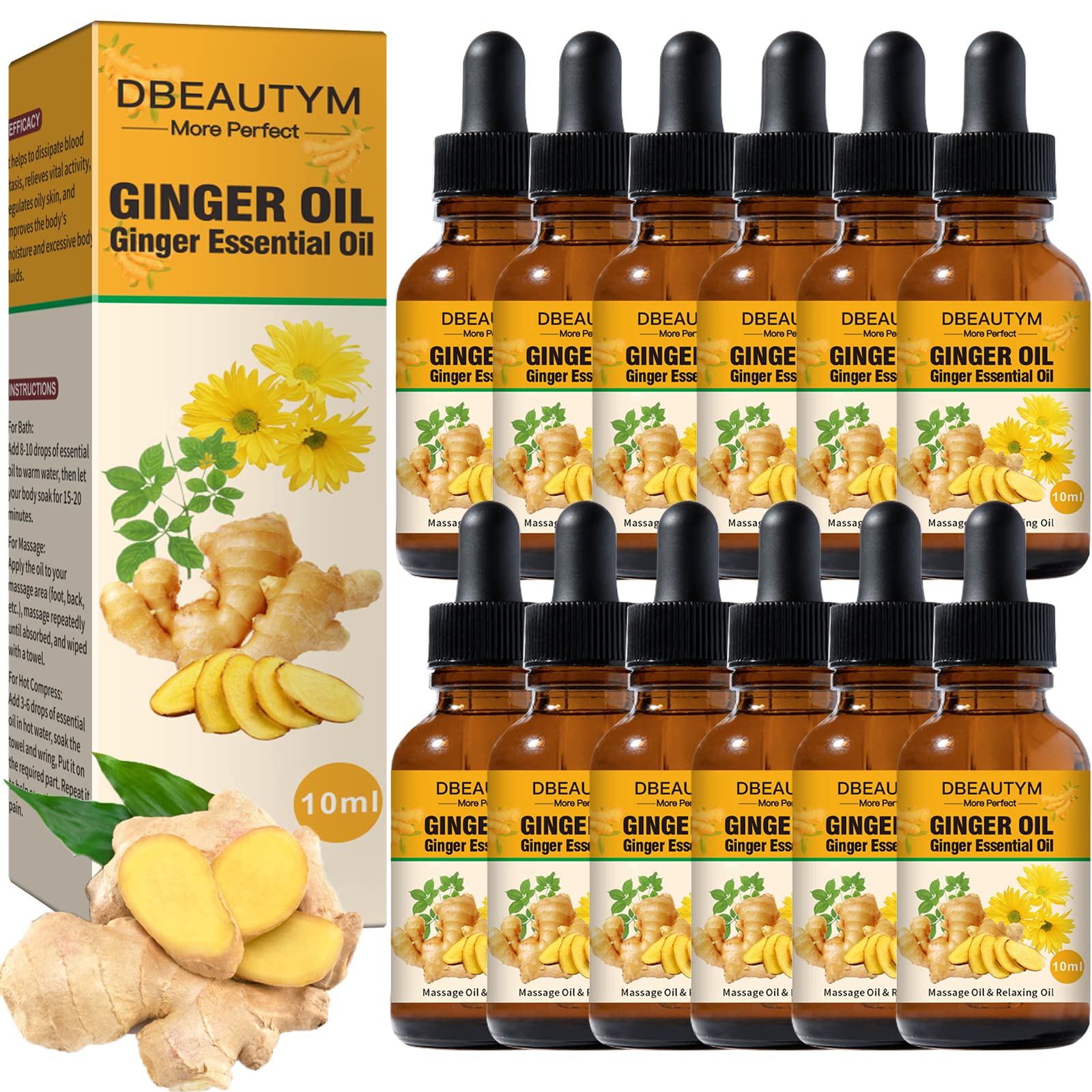 12 Pack Ginger Oil,Ginger Oil for Lymphatic Drainage,Pure Ginger Essential Oil,Relaxing Massage Oils for Massage Therapy,SPA Massage Oils,Sore Muscle Arnica Oil for Men and Women