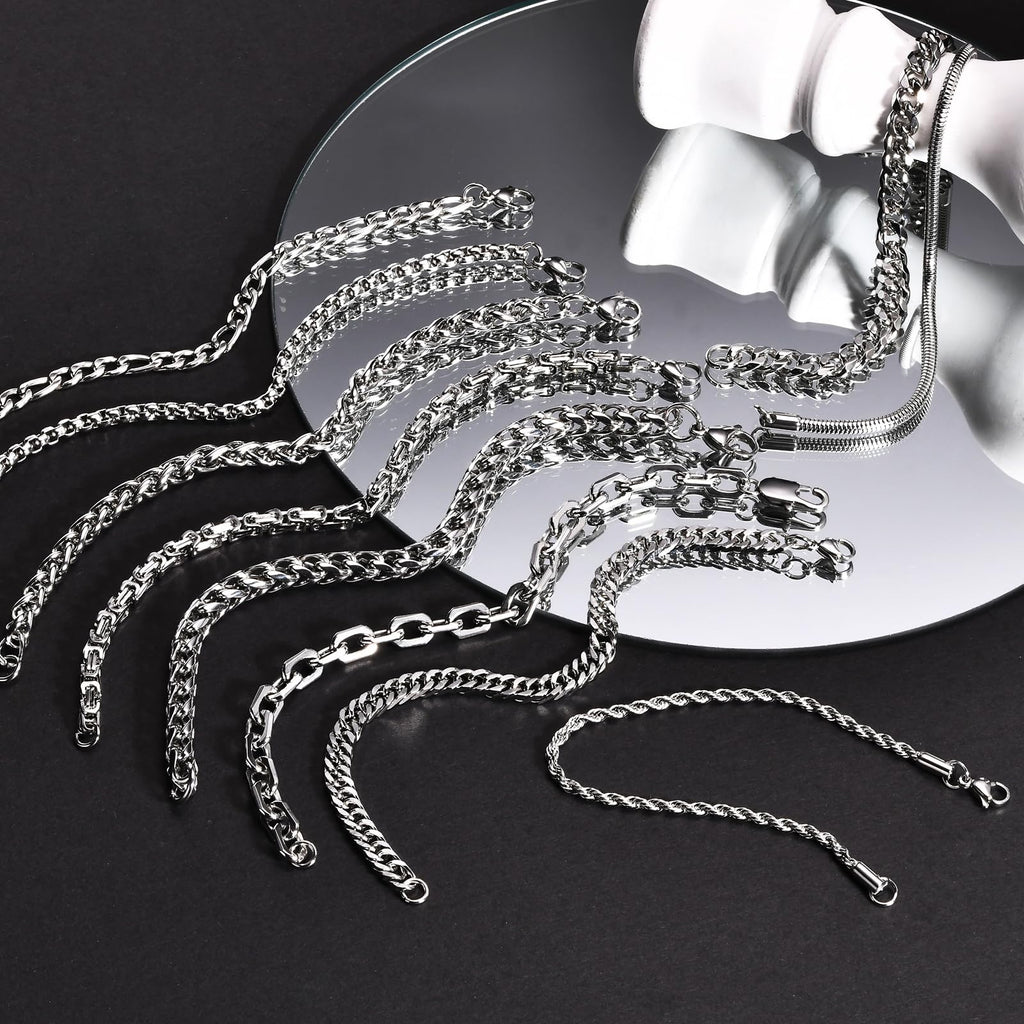 VNOX Silver Chain Bracelet for Men - 10 Pcs Solid Stainless Steel Rope/Figaro/Paperclip/Cuban Link/Snake Curb Chunky Chain Bracelet Set Wrist Band for Men Women,Mens Jewelry Set