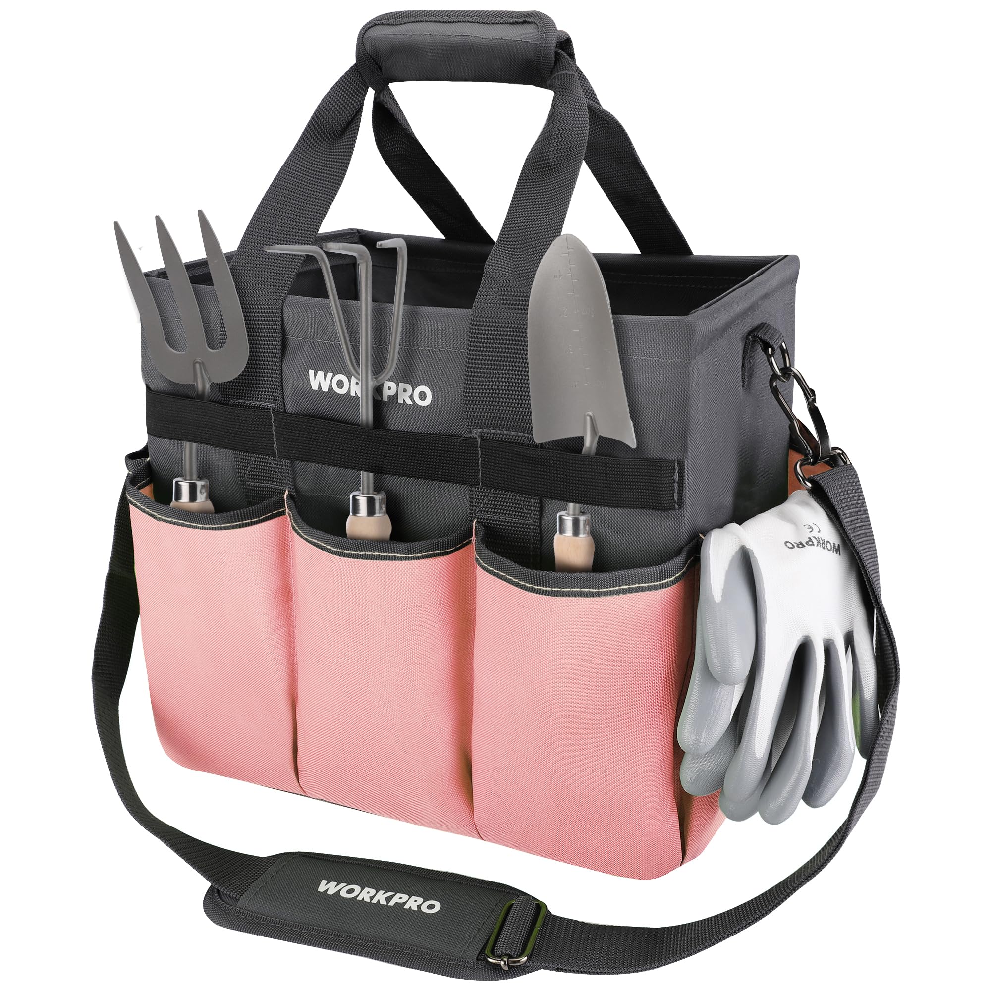 WORKPRO Garden Tool Bag, 10 Pockets and Shoulder Strap, Pink