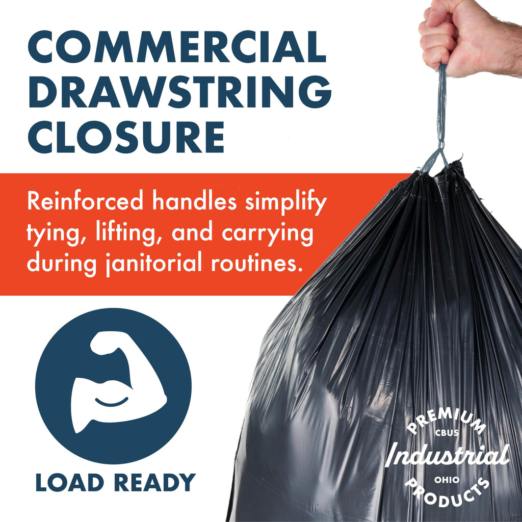 Made Here 55 Gallon Heavy Duty Commercial Trash Bags with Drawstring – Black Waste Can Liners for Office, Janitorial, and Facility Use, Leak-Resistant, 100 Count