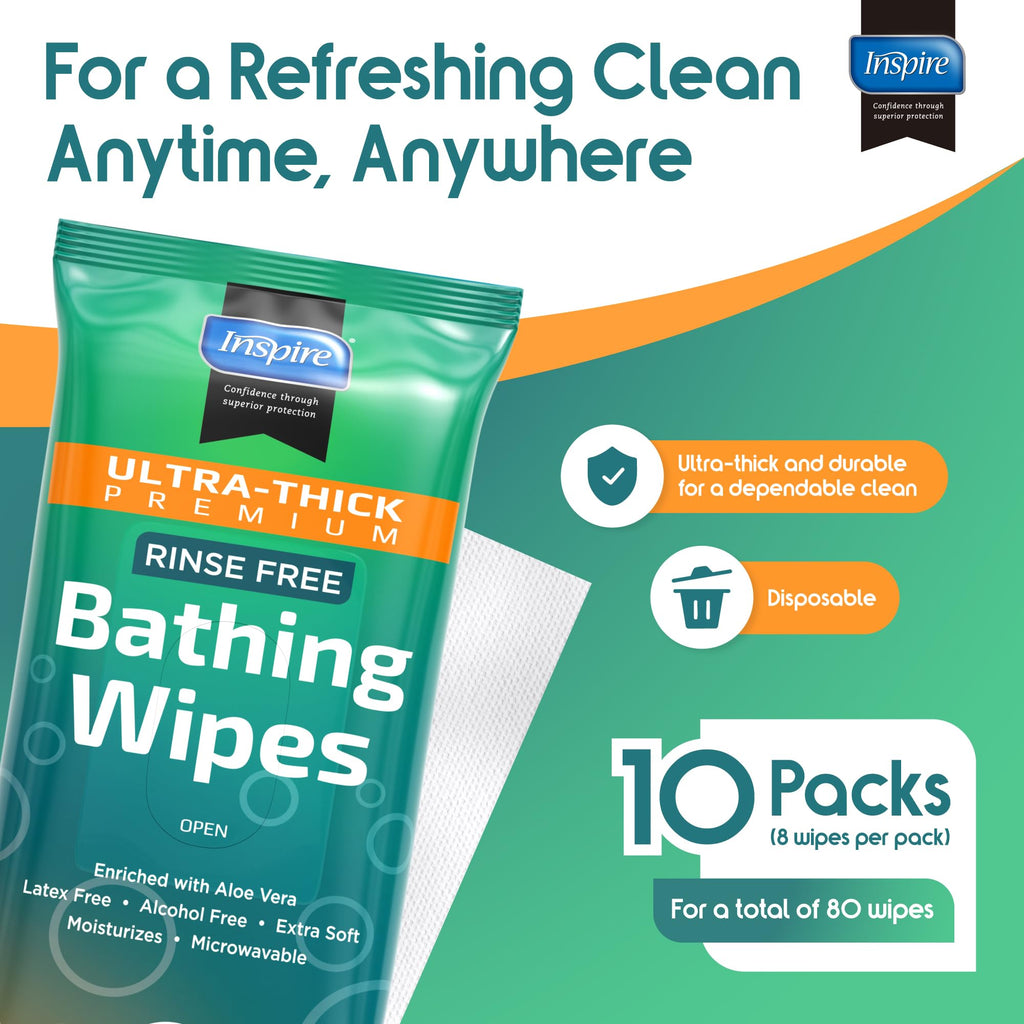 Inspire Ultra Thick Rinse-Free Bath Towels | Shower Towels - Flush-Free Wet Wipes with Aloe | Thick Strong Extra Large Towel for Adults | Body Wipes for Adults Bathing