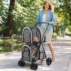 Giantex Double Pet Stroller with 2 Detachable Carrier Bags, Safety Belt, 4 Lockable Wheels, Folding Cat & Dog Stroller for Small Medium Pets, Cats Dogs Puppy Travel Strolling Cart (Gray)