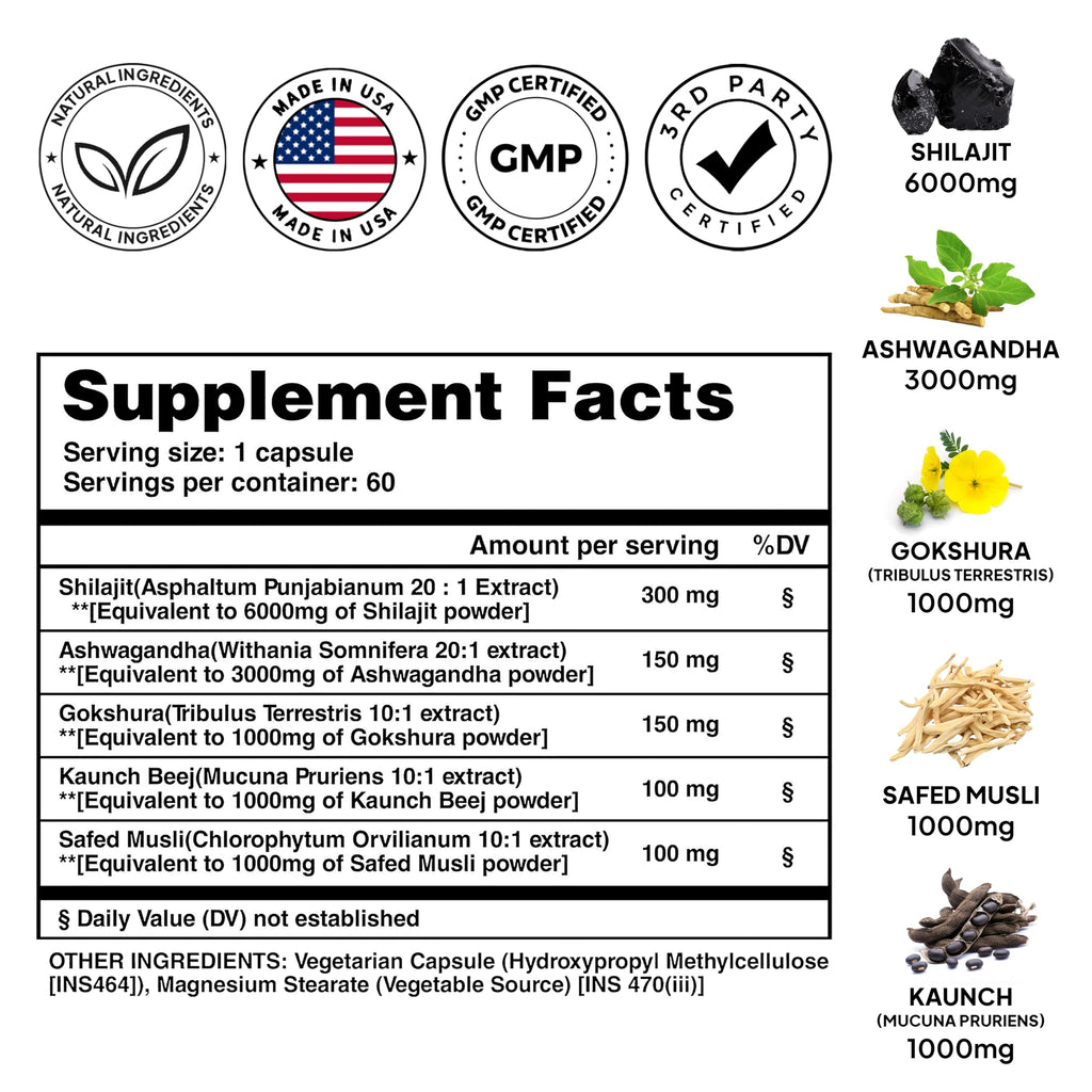 Pure Prana Shilajit Ashwagandha Safed Musli Gokshura for Men - Himalayan Power Blend