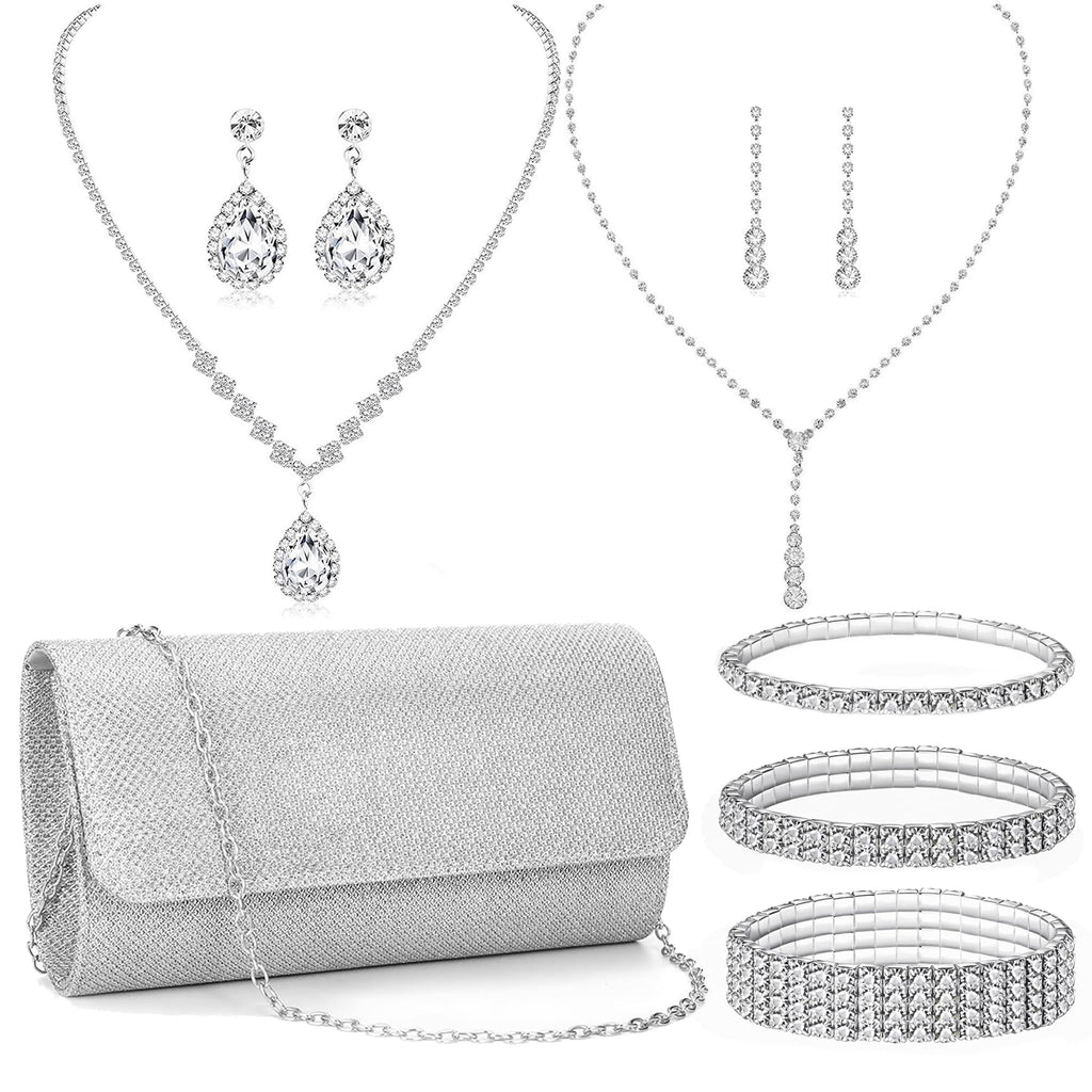 FEYIR Clutch Purse Jewelry Set for Women Evening Bags Rhinestone Crystal Necklace Earrings Bracelet Set Formal Wedding Bridal Accessories Jewelry for Prom