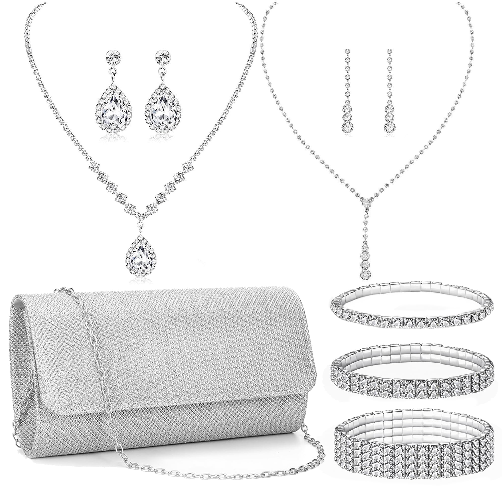 FEYIR Clutch Purse Jewelry Set for Women Evening Bags Rhinestone Crystal Necklace Earrings Bracelet Set Formal Wedding Bridal Accessories Jewelry for Prom