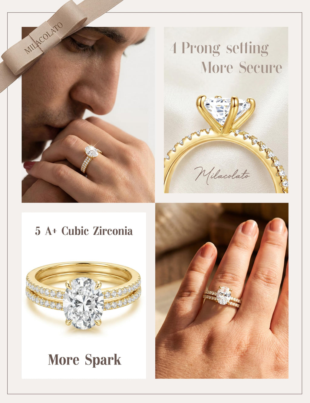 MILACOLATO Engagement Rings for Women Non Tarnish 14K Gold Plated Bridal Rings Sets Dainty Oval Cut CZ Wedding Ring Set Stackable Eternity Promise Rings for Her Size 6