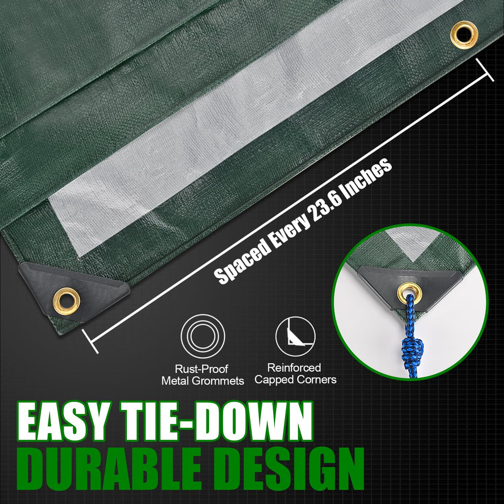 Sunvigor Tarp Waterproof 10x12Ft, Extra Thick 16 Mil Heavy Duty Tarp Cover, Tear & Fade Resistant, Outdoor Tarps with Brass Grommets and Reinforced Edges for Roof, Camping, Patio, Boat (Green/Silver)