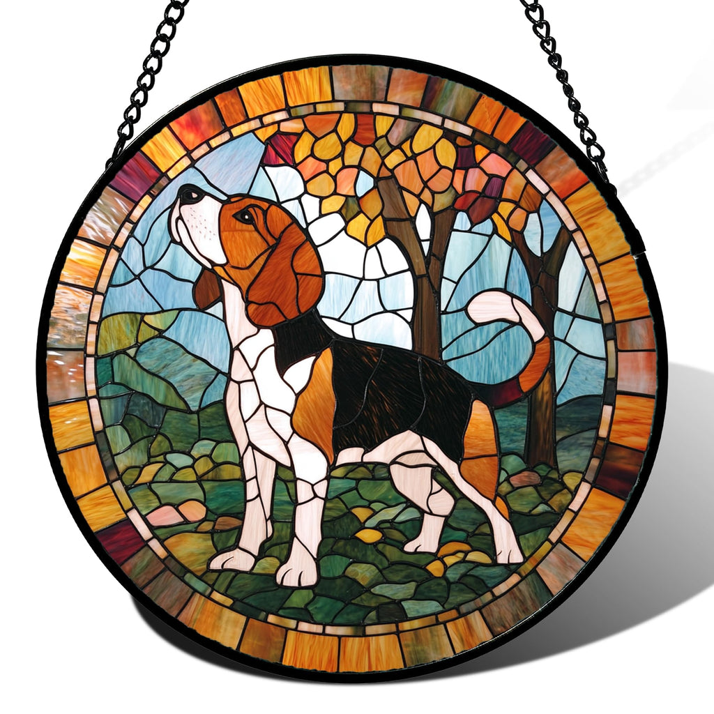 GEFOS Stained Glass Window Hanging Cute Dog Beagle Trees 6.3" - Suncatcher Door Garden Sunroom Sun Catcher Home Decor Birthday Christmas for Lost Pets Mom Men Woman Nana