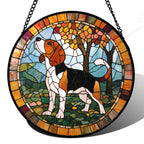 GEFOS Stained Glass Window Hanging Cute Dog Beagle Trees 6.3" - Suncatcher Door Garden Sunroom Sun Catcher Home Decor Birthday Christmas for Lost Pets Mom Men Woman Nana