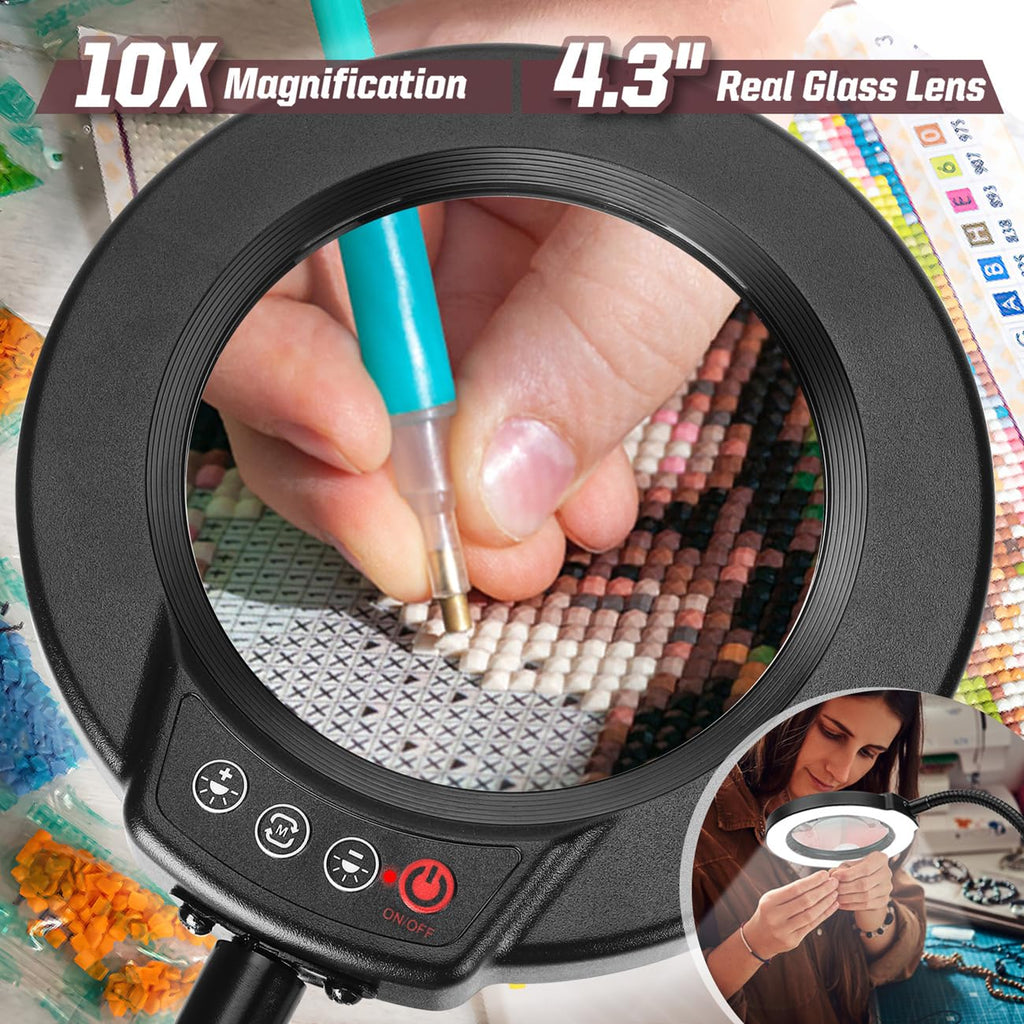Krstlv 10X Magnifying Glass with Light and Stand, 5 Color Modes Stepless Dimmable LED Lighted Desk Lamp, Hands Free Magnifier with Flexible Goose-Neck for Craft Hobby Painting Sewing Close Work