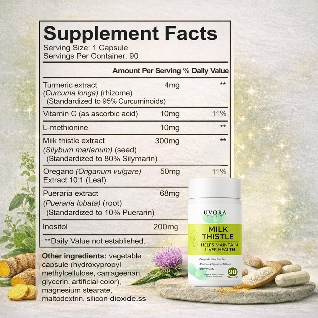 uvora Milk Thistle, Botanical Daily Wellness Formula with Turmeric, Inositol & Vitamin C, Vegetarian Capsules, 60 Count