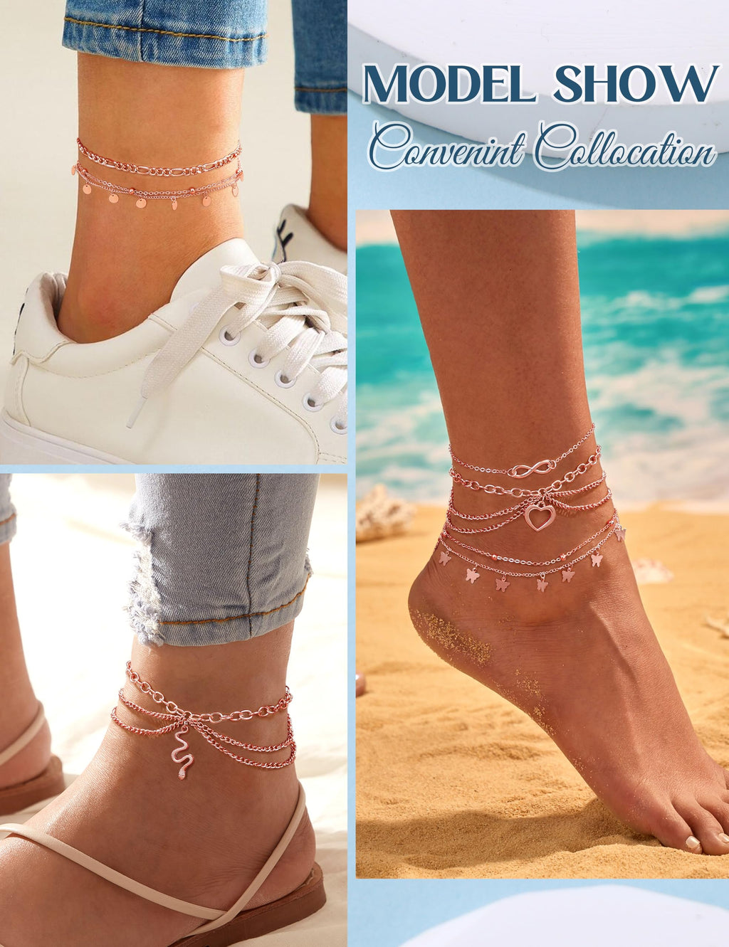 ORAZIO Toe Rings Ankle Bracelets for Women Rose Gold Adjustable Anklet