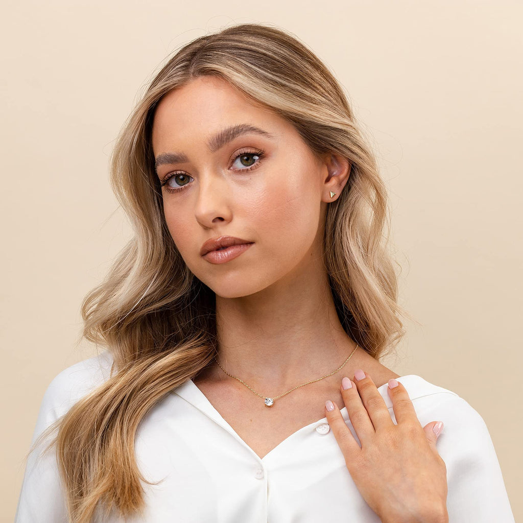 PAVOI CZ Dainty Solitaire Choker Necklace, 14K Gold Plated, Yellow Gold, Y