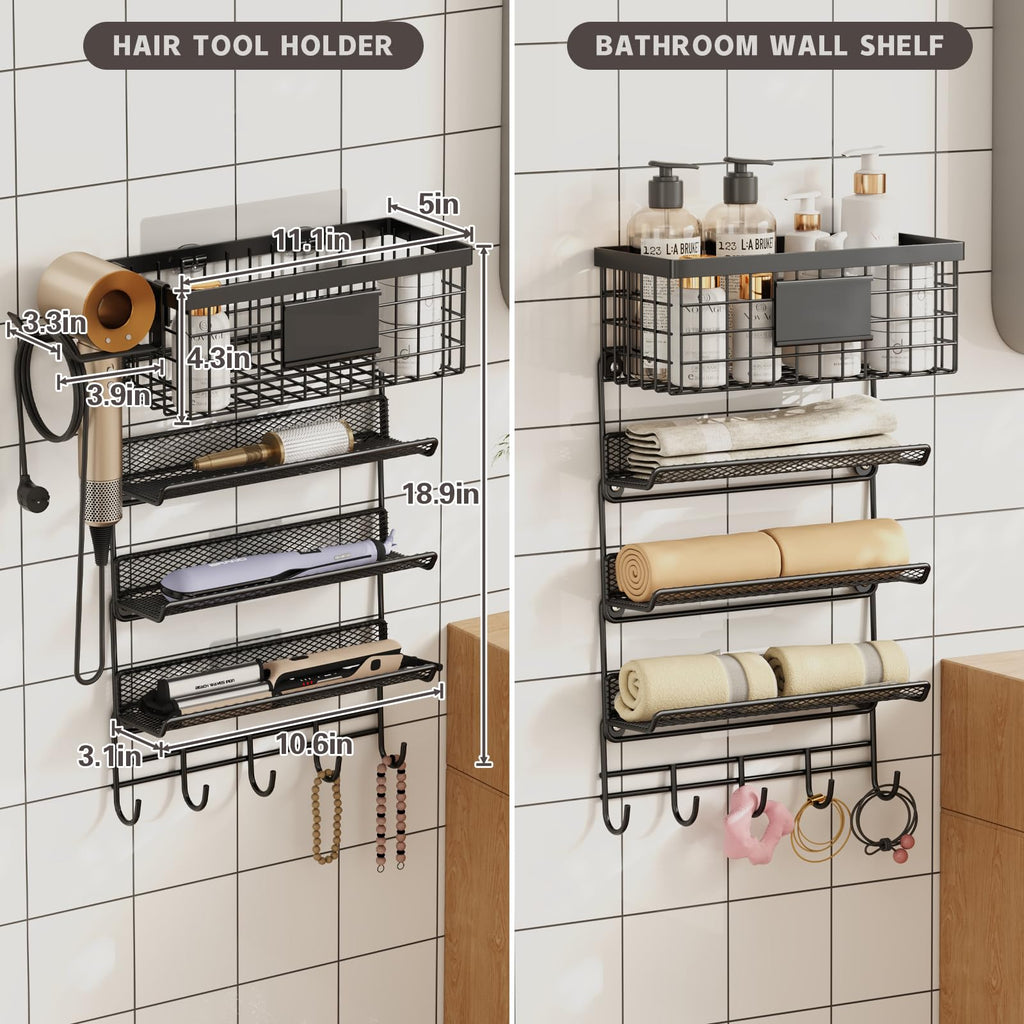 Magheo Hair Dryer Holder Wall Mounted, Adheisve Hair Styling Tool Organizer for hair Brush/Appliance Wall Mount with 5 Tier Shelf Basket Hooks Blow Dryer and Straightener Holder for Bathroom(Black)