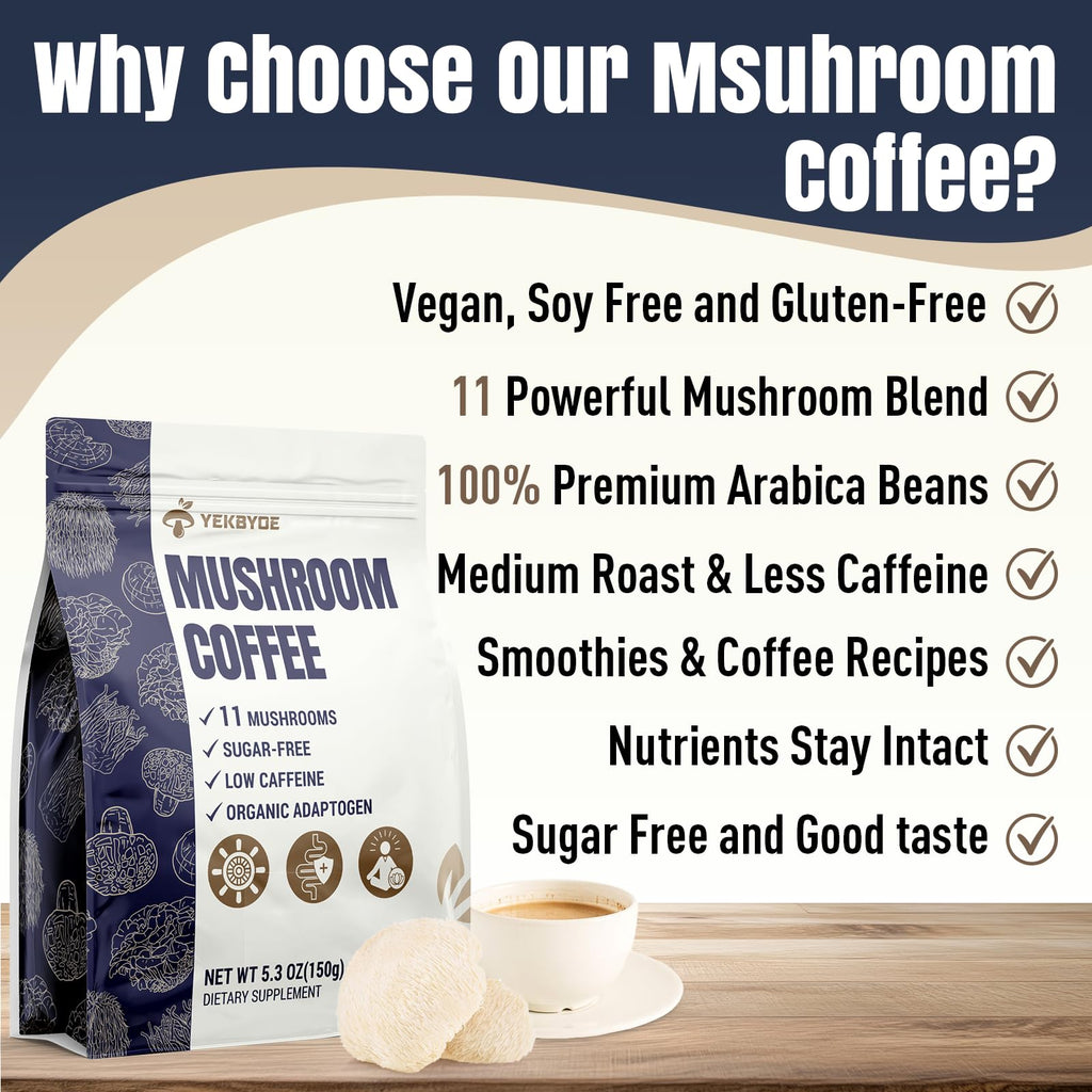 Mushroom Coffee, 11 Superfood Mushrooms includes Lion's Mane, Reishi, Chaga & Ashwagandha, Instant Mushroom Coffee Organic for Energy, Memory, Digestion & Detox, Low Caffeine & Sugar Free, 5.3oz
