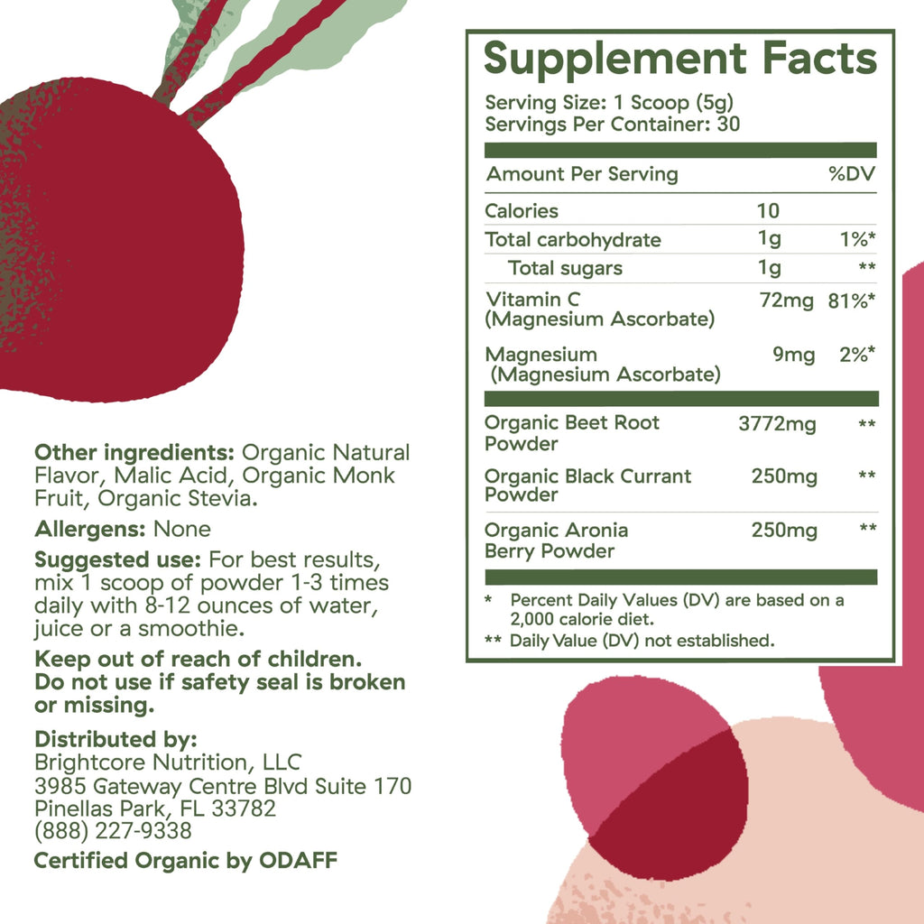 Brightcore Nutrition - BrightBeets Beet Powder, Red Apple Flavor, 150 Grams, 30 Servings