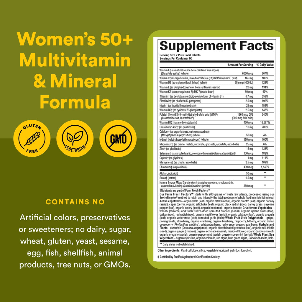 Natural Factors Whole Earth & Sea Women's 50+ Multivitamin & Mineral - Daily Multivitamin with Calcium, Selenium & More - Supports Bone & Brain Health - 120 Tablets (60 Servings)