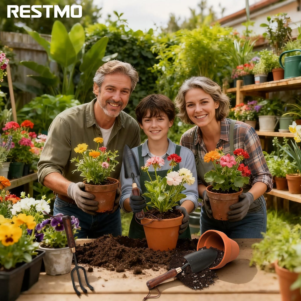RESTMO Gardening Tools Set, 3-in-1, Carbon Steel, Wooden Handle, Brown
