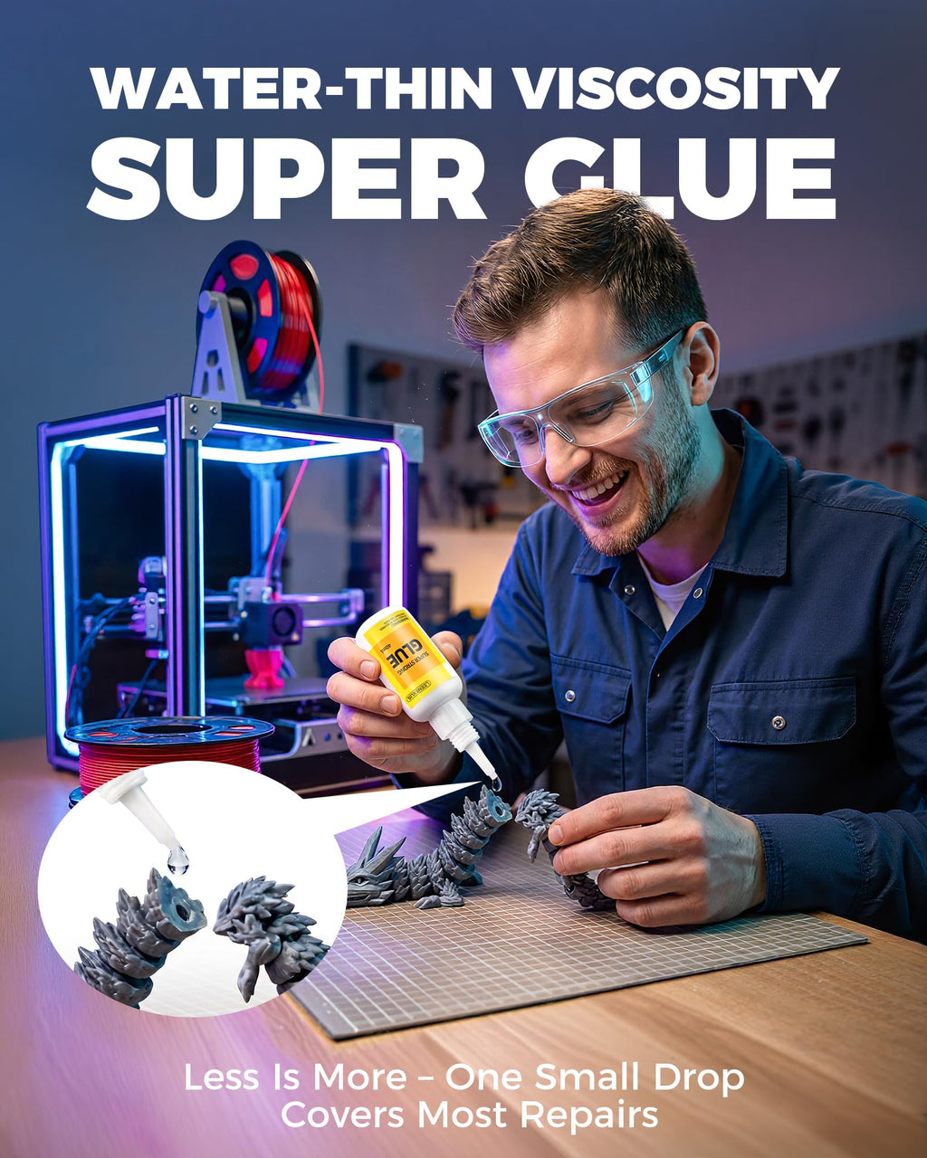 LEENEXUS Super Glue for Plastic, PLA, ABS, PETG, PC, ASA, Acrylic, PVC, Dries Clear Liquid CA Adhesive for 3D Prints, Model Kits, RC Parts & Repairs, 40ml