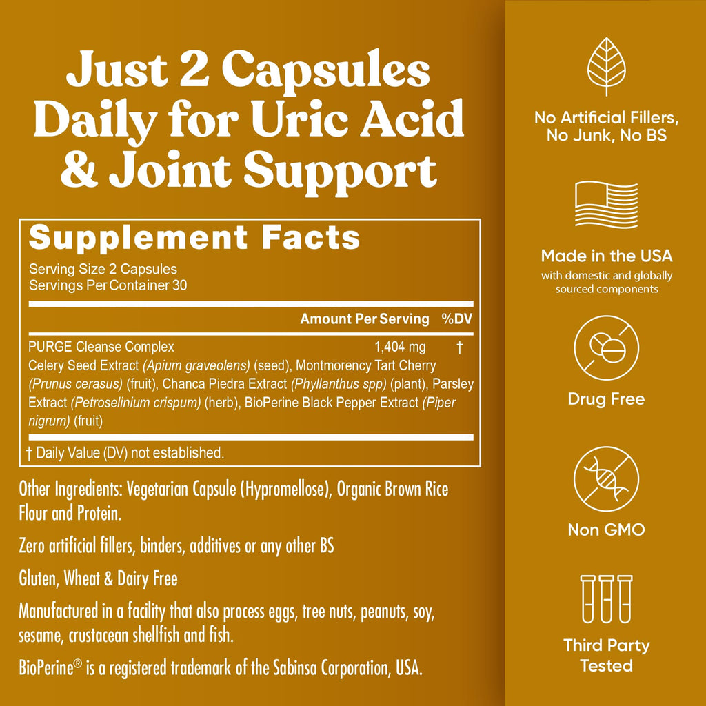 Eu Natural Purge Uric Acid Flush - Eat & Drink What You Want - Uric Acid Support for Joints & Mobility with Celery Seed, Tart Cherry & Chanca Piedra - 120 Vegetarian Capsules