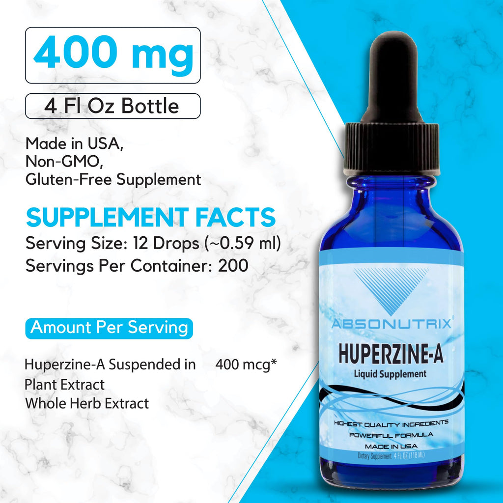 Absonutrix Huperzine-A Liquid Supplement 400 mcg, 200 Servings per Bottle of 4oz, Made in USA, Quick Absorption, Quality Potent Ingredients, Non-GMO, GMP Certified Facility, Cruelty-Free Products