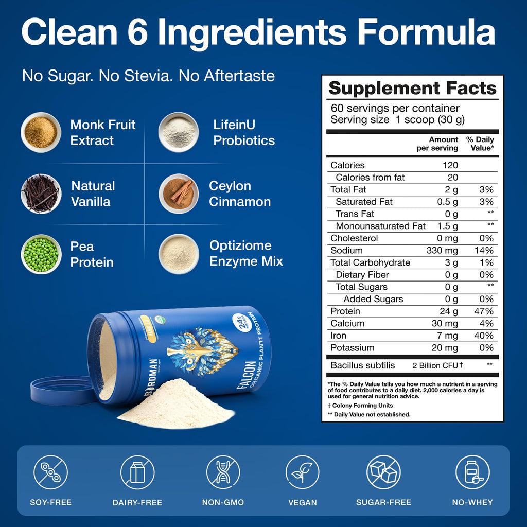 BIRDMAN Falcon Vegan Protein Powder Organic, Stevia & Sugar Free, Plant Based Protein, Low Carb, Dairy Free, Keto, Non Whey Protein, Probiotic, Pea Protein | Chocolate Flavor - 60 Servings - 3.9lb