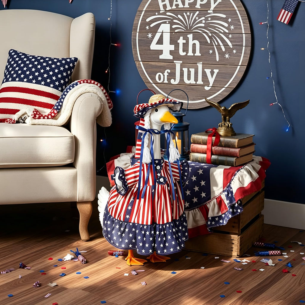 Sunnymove 4th of July Goose Outfit for 23'' Patriotic Porch Geese Costume for 250th Anniversary USA Outdoor Patio Lawn Decor (Red Blue White1)