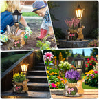 Solar Bunny Statue Outdoor, Rabbits Figurine with Flowerpot & Lantern