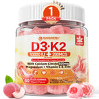 Vitamin D3 K2 Gummies 5000IU / 10,000 IU with 500mg Calcium + K2(MK-7) 200mcg, Magnesium, Vitamin C & Zinc, Extra Strength - Ultimate Absorbency for Bones, Muscles, Teeth, Vegan, 60 Count (Pack of 1)