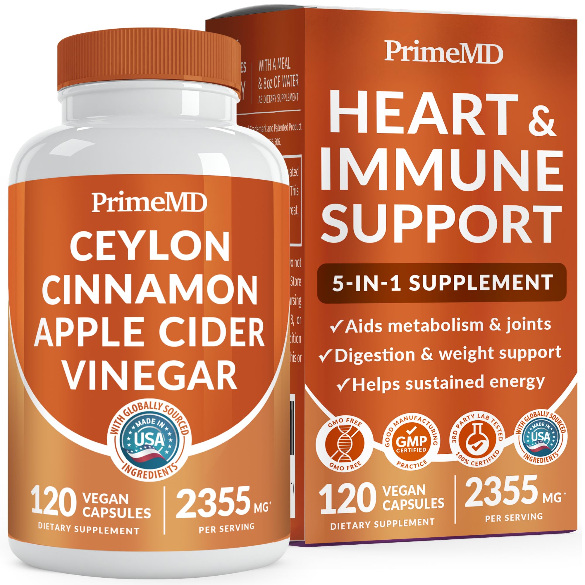 5-in-1 Ceylon Cinnamon Capsules 2355mg - Ceylon Cinnamon and Apple Cider Vinegar with Turmeric, Panax Ginseng, Cinnamon, and Bioperine, 120 ct
