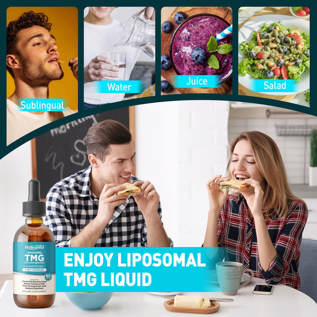 HOLLEGEND Liposomal TMG Supplements Liquid Drops, 1000mg Trimethylglycine as Betaine Anhydrous for Methylation, Antioxidant & Brain & Liver Health, High Absorption, Non-GMO, Vegan, Blueberry, 2 FL Oz