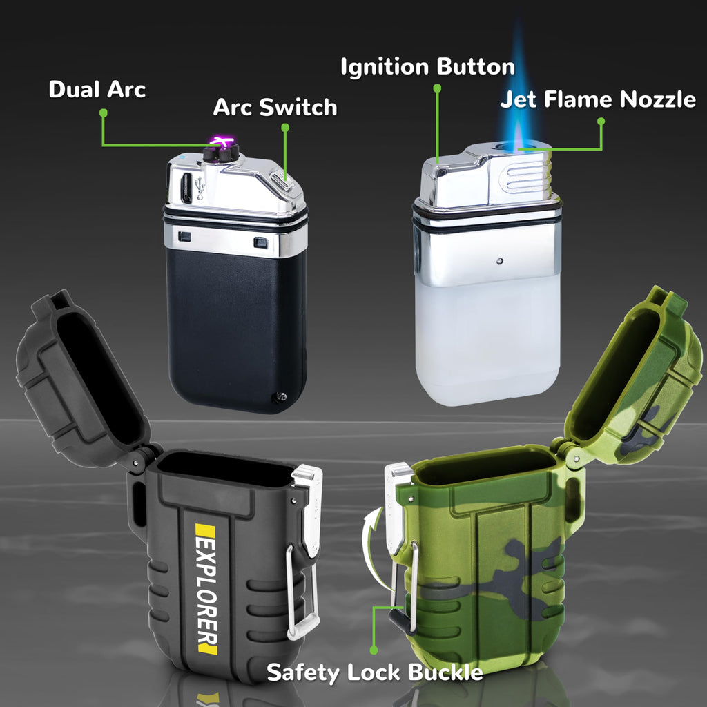 3 Pack Waterproof Lighter Outdoor Windproof Torch Lighters Dual Arc Lighters Butane Electric USB Rechargeable Flameless Plasma Lighter Camping Hiking Adventure Survival Tactical Gear