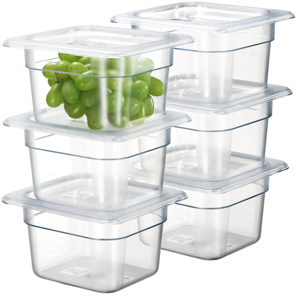 CURTA 6-Pack 1/6 Size 4" Deep NSF Polycarbonate Food Pans with Handled Lids & Drain Trays | Dishwasher & Freezer Safe Clear Container for Prep Tables, Buffet, Salad Bar, Commercial & Home Kitchen