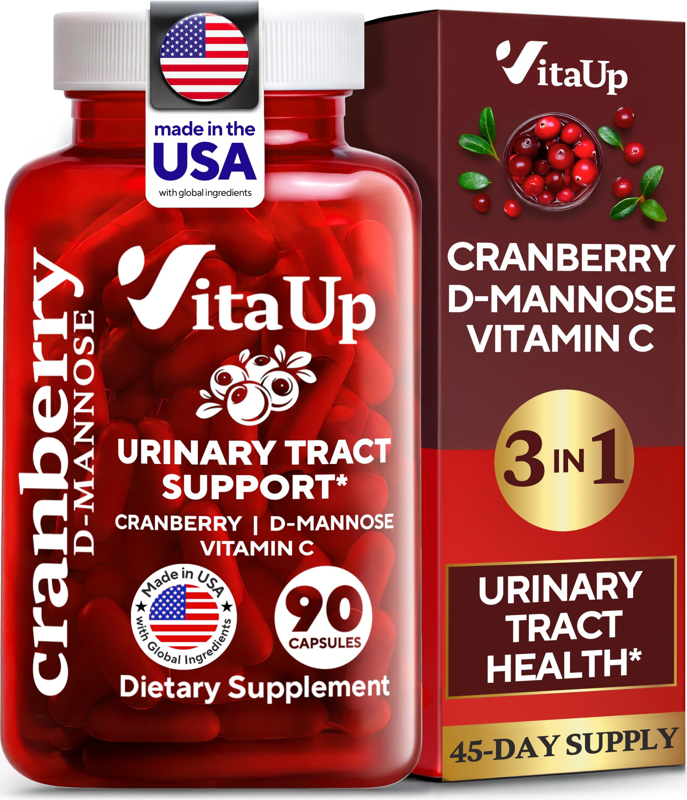 VitaUp D mannose with Cranberry and Vitamin C - USA Made D-mannose 1000mg Capsules - Cranberry Pills for Urinary Tract & Bladder, Immune Support - 90 Count