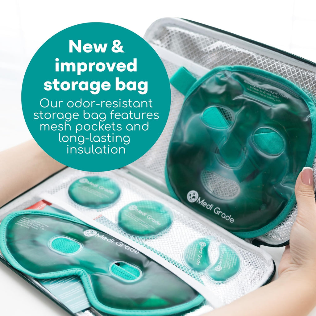 Medi Grade Cooling Face Mask set with Cooling Eye Mask for Puffy Eyes and Insulated Thermo-bag - Soothing Gel Ice Face Mask and Eye Ice Mask for Dark Circles and Puffiness - Cold Face Relaxation