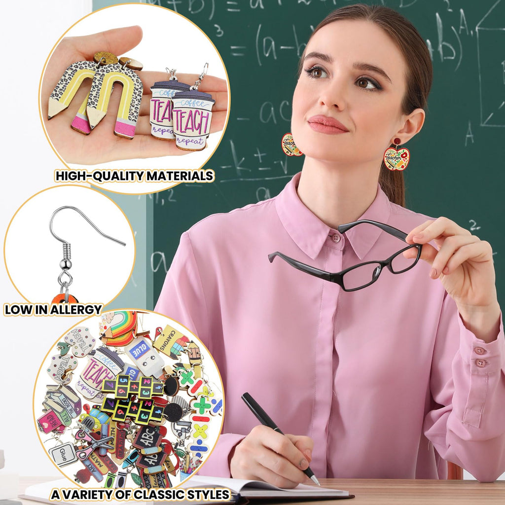 Quelay 36 Pairs Teacher Earrings for Women Fun Wooden Studs Bulk Cute Back to School Gift Dangle Earrings Sets Colorful Pencil Apple Rainbow Jewelry for Classroom Appreciation Jewelry Gift