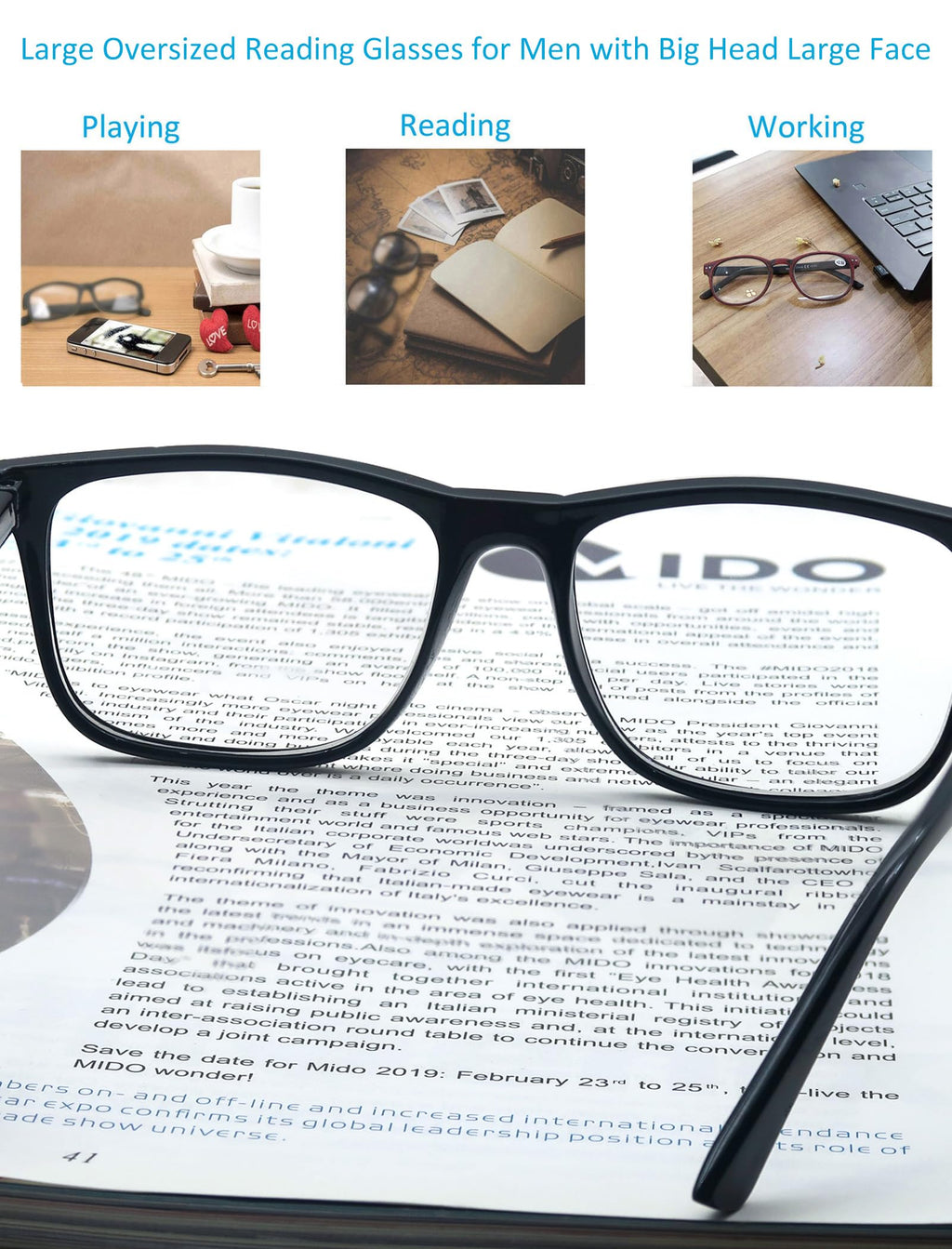 OLOMEE Large Reading Glasses Mens Wide Oversized Readers +1.25 Lightweight Square Eyeglasses for Reading for Big Head Men 4 Pack with Spring Hinge
