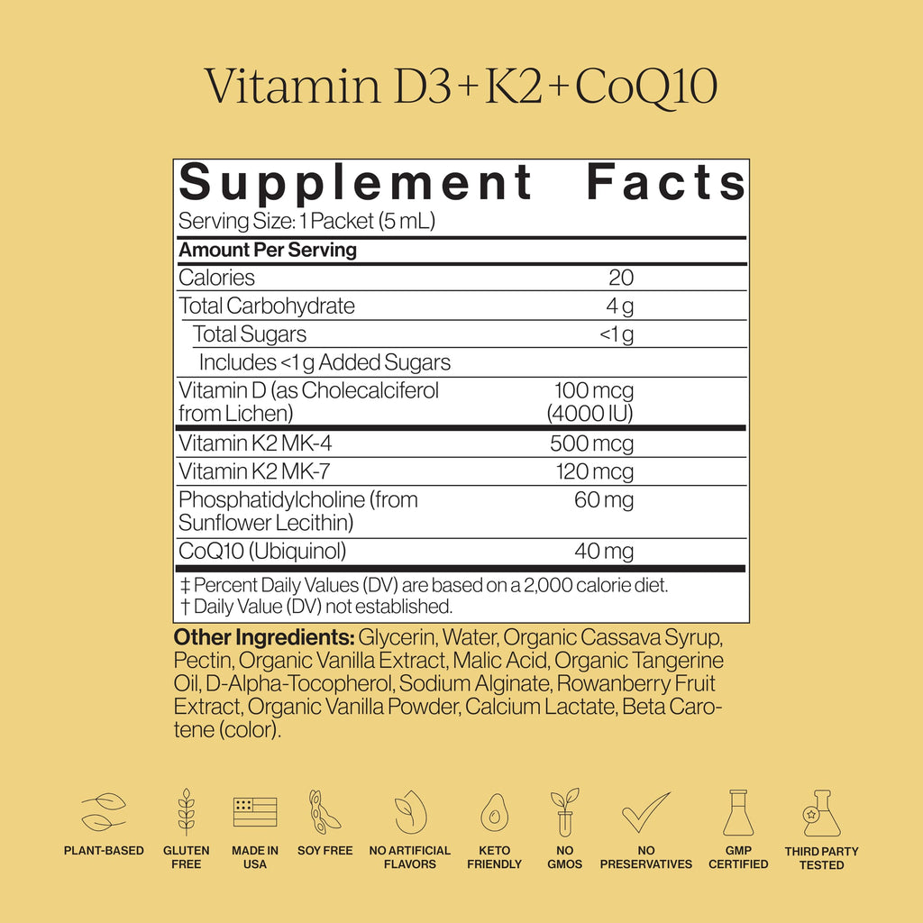 CYMBIOTIKA Liposomal Vitamin D3 + K2 + CoQ10 Liquid Supplement, Enhanced Absorption, Joint + Bone Health, Immune Support, Heart Health, Gluten Free, Soy Free, Plant-Based, 28 5 mL Packets
