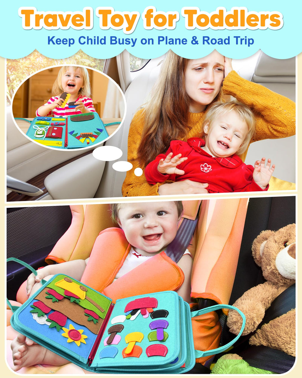 Exorany Busy Board Montessori Toys for Toddler Boy Girl Birthday Gifts, Busy Book Sensory Learning Toys for Toddlers, Toddler Airplane Car Travel Toy Educational Activities