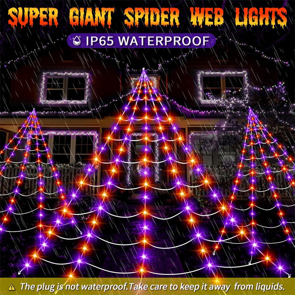Halloween Giant Spider Web Lights Decorations Outdoor, 16.4Ft 200 LED Lighted Spider Web Light up with 8 Modes for Yard House Decor