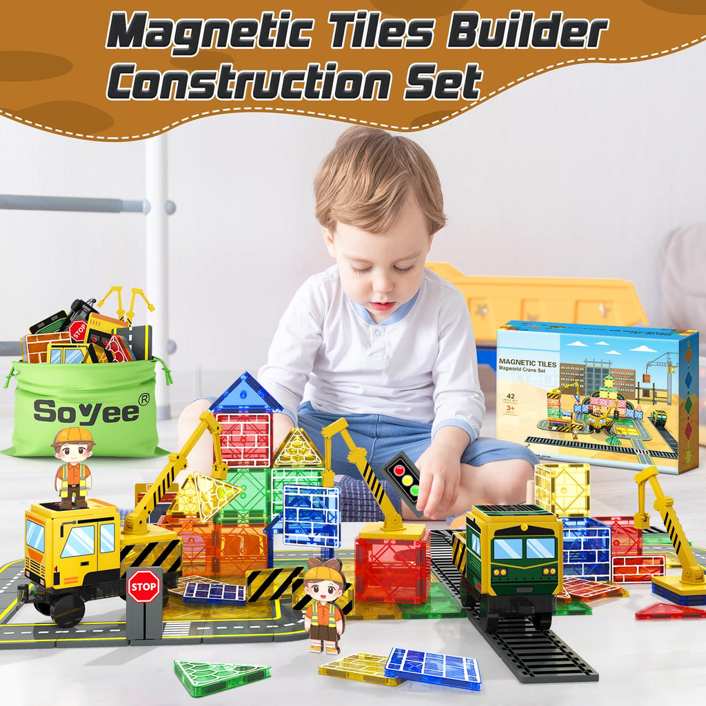 Magnetic Tiles Magnetic Construction Set with 2 Cranes Boys Toys for Ages 3-5 5-7 8-10 Building Toys Includes Crane, Road Tracks, Train, Train Tracks, Dolls, Car Toy, Traffic Lights and Stations