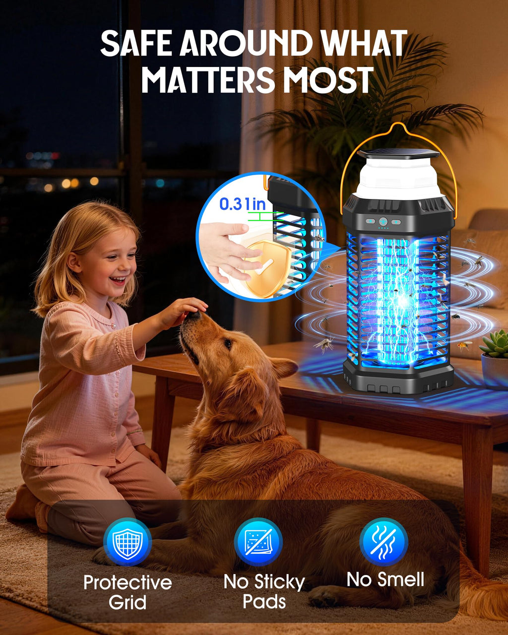 GTERT Solar Bug Zapper Outdoor, Rechargeable Mosquito & Fly Zapper with Auto ON/Off, 6000mAh Long-Lasting, Foldable Camping Light, Solar & USB Powered Bug Zapper for Patio, Camping & Indoor Use