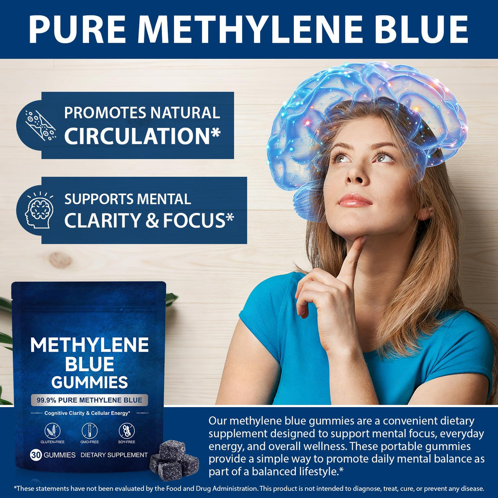 Methylene Blue Gummies 5mg Per Serving, Supports Cognitive Function, Cellular Energy, Mental Focus, Antioxidant Activity, 99.9% Pure, Vegan | 30 Gummies