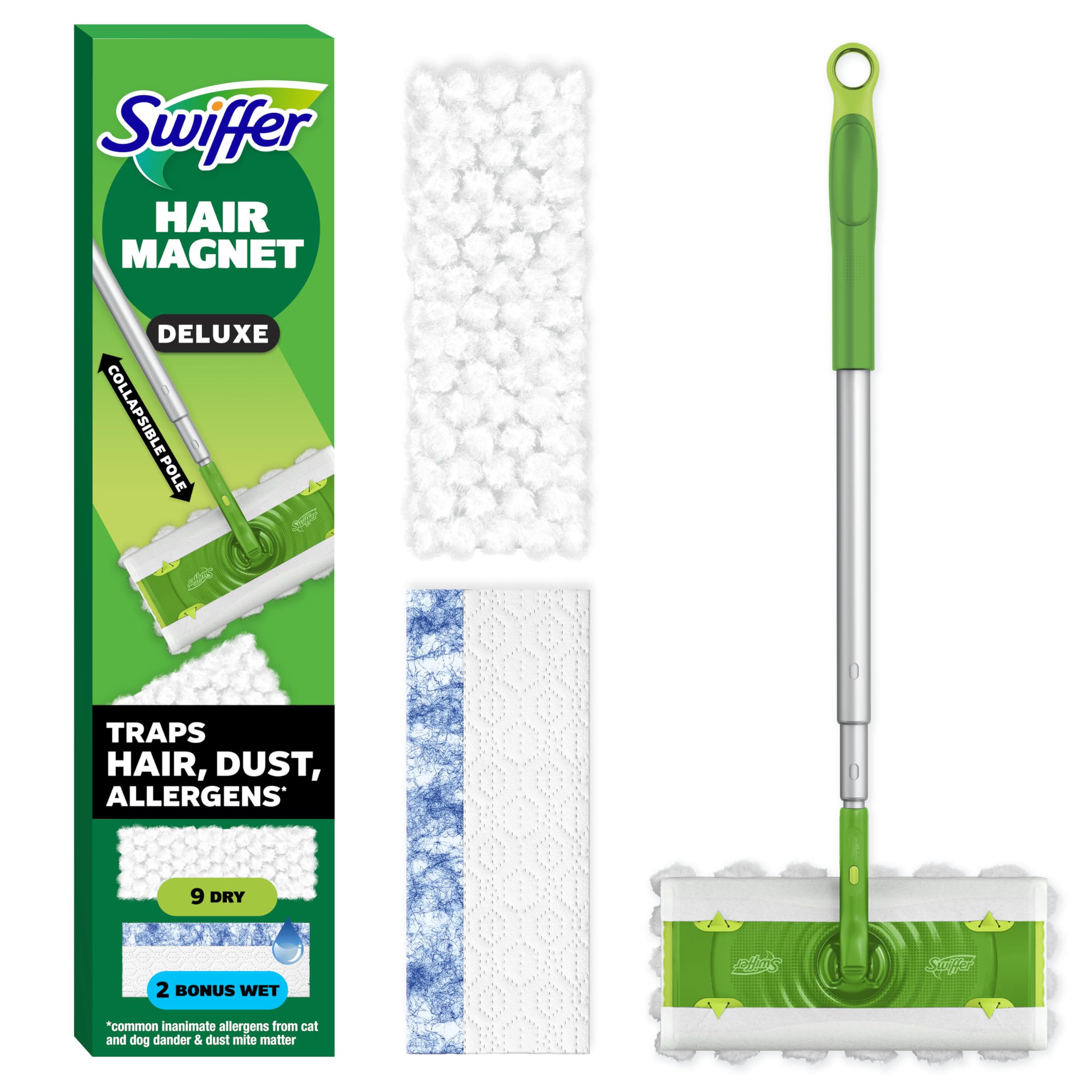 Swiffer Hair Magnet Deluxe Starter Kit with Collapsible Pole, 9 Hair Magnet Dry Cloths, 2 Bonus Mop & Go Wet Cloths