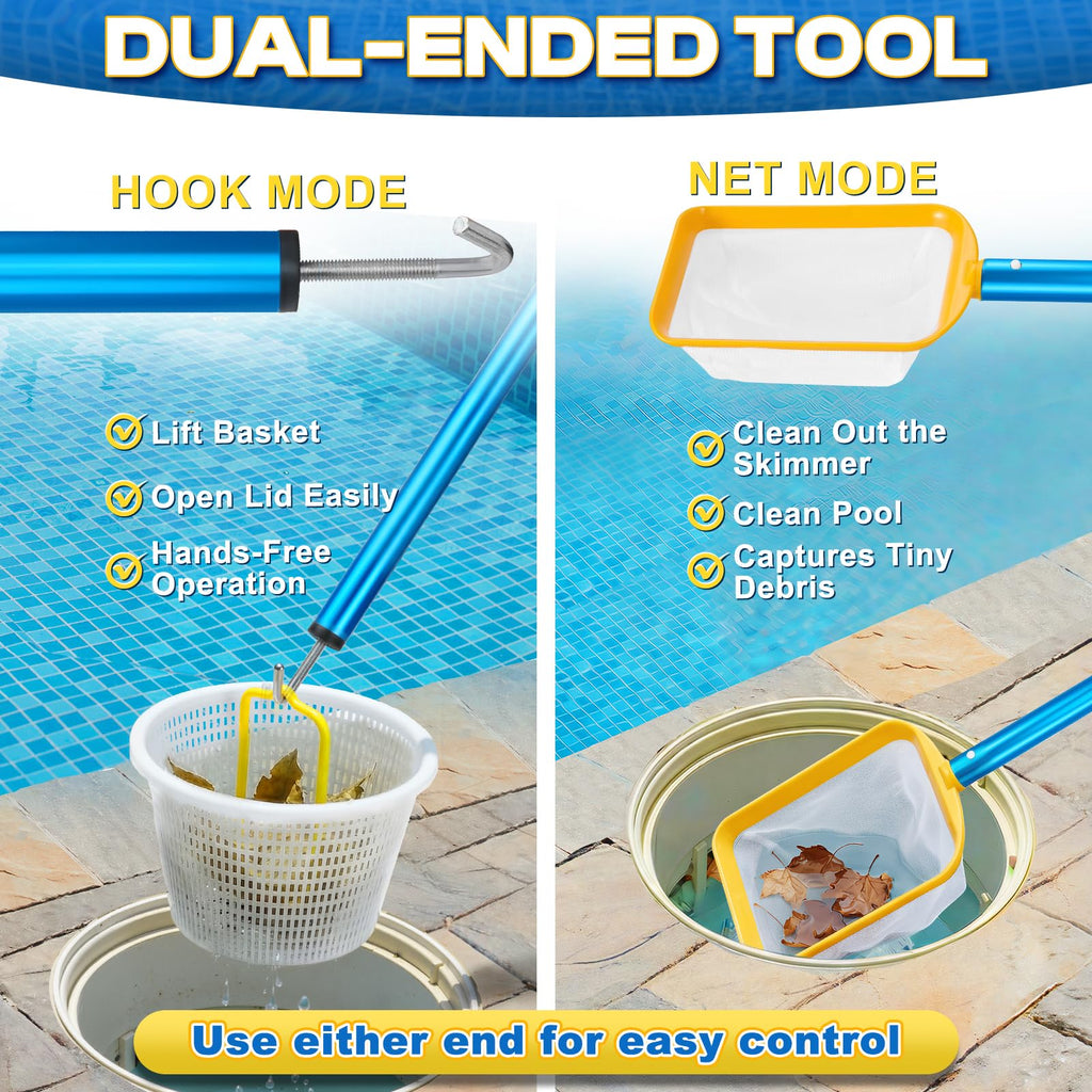 ComfyKit 50in 2-in-1 Pool Skimmer Tool with Stainless Steel Hook and Detachable Fine Mesh Net, Includes Skimmer Basket Handle, for Above Ground and Inground Pools