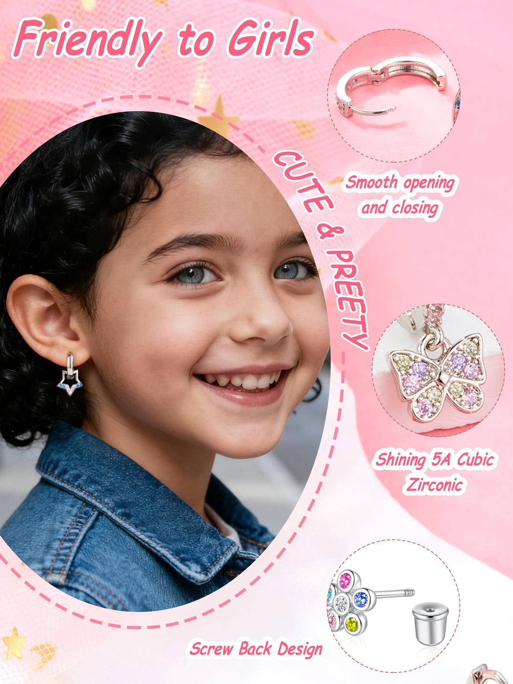 Hypoallergenic Screw Back Earrings for Women Girls Kids Surgical Steel Earrings for Sensitive Ears Cute Heart CZ Flower Butterfly Toddler Girl Earrings Screwback Studs Hoops, Star Age：overyears 4 old