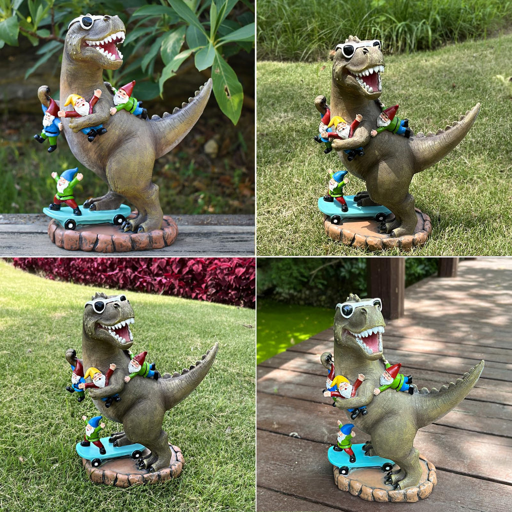 ACHYHAVIN Garden Statue Outdoor Decoration, Cool Dinosaur Play Skateboard with Gnomes Figurines, Indoor Outdoor Decor Art for Patio Lawn Yard, Housewarming Garden Gift…